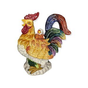 Glazed Ceramic Multicolored Rooster Dispenser w/ Tail Handle and Lid